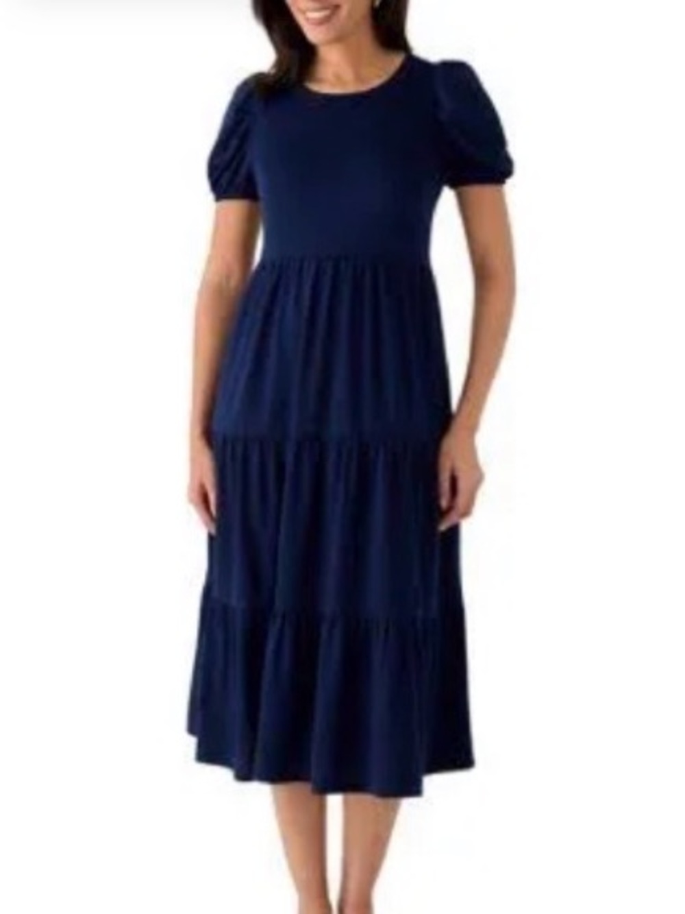 NWT Crown & Ivy Lindsey Navy Tiered Puff-Sleeve Midi Dress